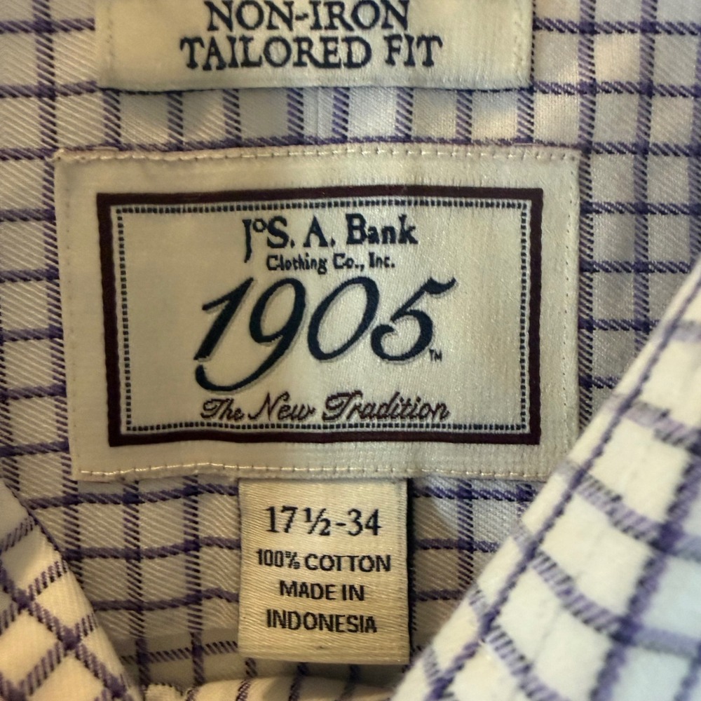 Jos. A. Bank Dress Shirt 17.5 34 1905 Tailored Fit Non-Iron Purple Check 0466 - Picture 3 of 8